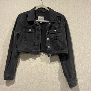Distressed Black cropped denim jacket